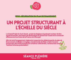 Infographie : GPSO - Sécurisation du plan de financement. UN PROJET STRUCTURANT À L'ÉCHELLE DU SIÈCLE. Le Grand Projet du Sud-Ouest, projet écologique et puissant vecteur de lien social et humain, permettra de désenclaver le grand Sud-Ouest et le connecter efficacement au reste de la France et à l'Europe. Afin de tenir l'engagement régional et respecter les délais impartis du plan de financement, la Région s'engage, à la demande de l'État, à faire l'avance temporaire des financements de certaines collectivités, remboursée avec les "bonnes fortunes potentielles".