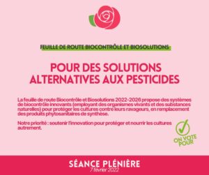 Infographie : Feuille de route biocontrole et bio solutions. POUR DES SOLUTIONS ALTERNATIVES AUX PESTICIDES. La feuille de route Biocontrôle et Biosolutions2022-2026 propose des systèmes de biocontrôle innovants (employant des organismes vivants et des substancesnaturelles) pour protéger les cultures contre leurs ravageurs, en remplacement des produits phytosanitaires de synthese. Notre priorité : soutenir l'innovation pour protéger et nourrir les cultures autrement.