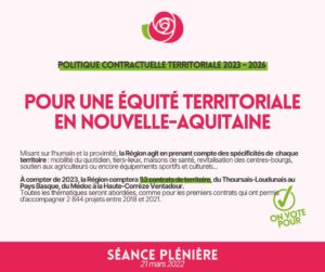 Infographie : POUR UNE ÉQUITÉ TERRITORIALE EN NOUVELLE-AQUITAINE ! Misant sur l'humain et la proximité, la Région agit en prenant compte des spécificités de chaque territoire : mobilité du quotidien, tiers-lieux, maisons de santé, revitalisation des centres-bourgs, soutien aux agriculteurs ou encore équipements sportifs et culturels.. À compter de 2023, la Région Nouvelle-Aquitaine comptera 53 contrats de territoire, du Thouarsais-Loudunais au Pay--Basque, du Médoc à la Haute-Corrèze Ventadour. Toutes les thématiques seront abordées, comme pour les premiers contrast qui ont permis d'accompagner 2844 projets entre 2018 et 2021. 