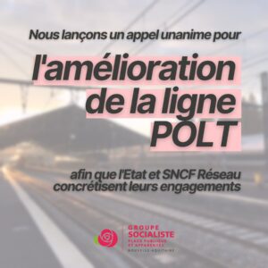 Infographie "nous laçons un appel pour l'amélioration de la ligne POLT !" 1/2 : nous laçons un appel unanime pour l'amélioration de la ligne POLT, afin que l'État et SCNF réseau concrétisent leurs engagements!