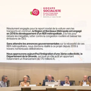 Résolument engagés pour le report modal de la voiture vers les transports en commun, la Région et Bordeaux Métropole ont engagé en 2018 le développement d'un RRE métropolitain, à la fois pour réduire les inégalités, lutter contre la congestion routière et baisser les émissions de gaz à effets de serre. Sans attendre les annonces gouvernementales sur la nécessité de ces RER métropolitain, nous donnons réalité à ce projet depuis 2019 à travers de nombreuses délibérations. Nous approuvons aujourd'hui l'intégration d'une 3ème collectivité, le département de la Gironde, qui joue un rôle actif en apportant notamment un financement de 170 millions d'€. 