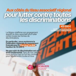 Infographie : Aux cotés du tissu associatif régional pour lutter contre toutes les discriminations. La Région réaffirme son engagement auprès du tissu associatif pour lutter contre toutes les formes de discriminations. En particulier, nous soutenons la Fédération régionale du mouvement français pour le Planning Familial à hauteur de 16.000€ Ne pas subir de discrimination est un droit fondamental. Fiers de nos valeurs, nous portons haut et fort les combats pour l'égalité entre toutes et tous. 