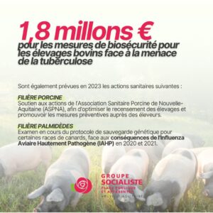 infographie : 1,8 millions d'€ pour les mesure de biosécurité pour les élevages bovins face à la menace de la tuberculose. Sont également prévues en 202" les actions sanitaires suivantes : - Filières porcine : soutien aux actions de l'Association Sanitaire Porcine de Nouvelle-Aquitaine (ASPNA), afin d'optimiser le recensement des élevages et promouvoir les mesure préventives auprès des éleveurs. - Filière Palmipèdes : Examen en cours du protocole de sauvegarde génétique pour certaines races de canards, face aux conséquence de l'influenzaAviaire Hautement Pathogène (IAHP) en 2020 et 2021. 