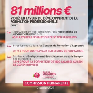 Infographie 81 millions d'€ votés en faveur du développement de la formation professionnelle dont : - 45 M € POUR LA FORMATION DE 50 000 STAGIAIRES (Renouvellement des conventions des Habilitations de Service Public pour 2024- - 2,1 M € POUR DES TRAVAUX SUR 51 SITES DE FORMATION (Investissements dans les Centres de Formation d'Apprentis) - 13 M€ POUR LA FORMATION DE 1800 SALARIÉS AU SEIN DE 200 ENTREPRISES (Soutien au développement des compétences et de l'emploi des entreprises) 