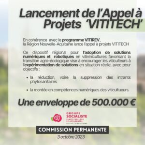 Infographie : Lancement de l'Appel à Projets 'VITITECH' : En cohérence avec le programme VITIREV, la Région Nouvelle-Aquitaine lance l'appel à projets VITITECH. Ce dispositif régional pour l'adoption de solutions numériques et robotiques en vitivinicultures favorisant la transition agro-écologique vise à encourager les viticulteurs àl'expérimentation de solutions en situation réelle, avec pour objectifs : 1- la réduction, voire la suppression des intrants phytosanitaires. 2- la montée en compétences numériques des viticultueurs. Nous mettons à disposition une enveloppe de 500.000€