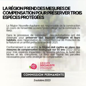 Infographie : LA RÉGIONPRENDDES MESURES DE COMPENSATION POUR PRÉSERVER TROIS ESPÈCES PROTÉGÉES. La Région Nouvelle-Aquitaine est responsable de la construction en cours de l'ensemble scolaire lycée/collège' sur la commune du Barp. Dans le processus de conception, des autorisations ont été obtenues pour préserver des espèces protégées et leurs habitat avec l'approbation du Conseil National de Protection de la Nature et un arrêté préfectoral en aout 2021. Conformément a cet arrêté, la Région doit mettre en place des mesure de compensation écologique sur 50 ans (2022-2072) pour trois espèces implantées : la fauvette pitchou, le cadet des laiches et le chiroptères. Le Bar doit fournir les parcelles nécessaires pour cette stratégie de compensation. 