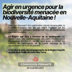 Infographie : Agir en urgence pour la biodiversité menacée en Nouvelle-Aquitaine ! Bien que disposant d’un patrimoine naturel remarquable, la Nouvelle-Aquitaine n’en est pas moins fragilisée par les menaces que subissent quotidiennement de nombreuses espèces naturelles. La Région agit face à l’érosion de sa biodiversité par l’amélioration des connaissances, des plans d’actions pour les espèces les plus en danger, ainsi qu’en soutenant les centres de sauvegarde de la Faune sauvage et la sensibilisation de tous les publics. C’est tout le sens des engagements de la Région inscrits au sein de la feuille de route Néo Terra.