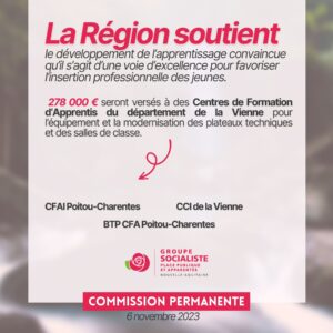 Infographie : La région soutient le développement de l’apprentissage convaincue qu’il s’agit d’une voie d’excellence pour favoriser l’insertion professionnelle des jeunes. 278 000 € seront versés à des Centres de Formation d‘Apprentis du département de la Vienne pour l‘équipement et la modernisation des plateaux techniques et des salles de classe.Par exemple au CFAI Poitou-Charentes, BTP CFA Poitou-Charentes ou encore au CCI de la Vienne