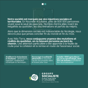 Infographie 2/2 : Notre société est marquée par des injustices sociales et territoriales. En Nouvelle-Aquitaine, près de 800 000 personnes vivent sous le seuil de pauvreté. Nombre d'entre elles vient les inégalités au quotidien, les discriminations et parfois du mépris. Alors que la dimension sociale est indissociable de l'écologie, nous devons plus que jamais concilier fin du monde et fin du mois. Avec Néo Terra, nous conjuguons urgence des mutations et réalités du quotidien, en ne laissant personne au bord du chemin. Une attention particulière a été apportée à la feuille de route pour la cohésion et la remise en route de l'ascenseur social. 1- Améliorer la vie lycéenne et étudiante : alimentation, logement, équipement numérique ou technique.. 2- Encourager la solidarité alimentaire et favoriser l'accès aux produits sains et locaux pour tous 3- Installer 1000 agriculteurs par an en agroécologie, dont 50% de femmes et améliorer leur reconnaissance