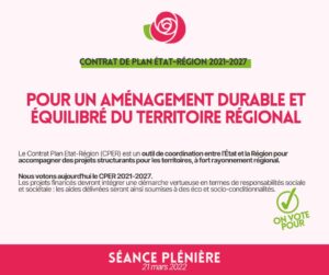 infographie : POUR UN AMÉNAGEMENT DURABLE ET ÉQUILIBRÉ DU TERRITOIRE RÉGIONAL. Le Contrat Plan Etat-Région (CPER) est un outil de coordination entre l'État et la Région pour accompagner des projets structurants pour les territoires, à fort rayonnement régional.Nous votons aujourd'hui le CPE 2021-2027. Les projets financés devront intégrer une démarche vertueuse en termes de responsabilités sociale et sociétale : les aides délivrées seront ainsi soumises à des éco et socio-conditionnalités.