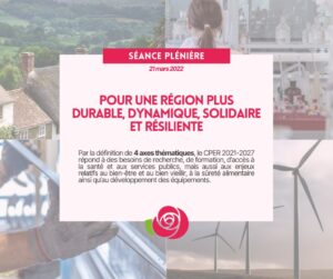 Infographie : Pour une région plus durable, dynamique, solidaire résiliante. Par la définition de de 4 axes thématiques, le CPER 2021-2027 répond à des besoins de recherche, de formation, d'accès à la santé et aux services publics. Mais aussi à des enjeux relatifs au bien être et au bien vieillir, à la sureté alimentaire ainsi qu'au développement des équipements. 