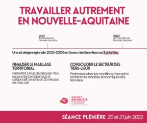 infographie Règlement d'intervention en faveur des tiers-lieux : TRAVAILLER AUTREMENT EN NOUVELLE-AQUITAINE ! frise chronologique : 2012 : 10 Tiers-Lieux en Nouvelle-Aquitaine. 2022 : 300 Tiers-lieux en Nouvelle-Aquitaine. Une stratégie régionale 2022-2024 en faveur des tiers-lieux en 2 priorités: - FINALISER LE MAILLAGE TERRITORIAL : permettre à tous de disposer d'un espace de travail partagé et collaboratif à moins de 20 m de chez soit. - CONSOLIDER LE SECTEUR DES TIERS-LIEUX : Professionnaliser les conditions d'accueil et renforcer les modèles économiques des tiers-lieux. 