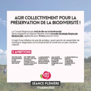 Infographie Nous agissons pour la préservation de la Biodiversité !  : AGIR COLLECTIVEMENT POUR LA PRÉSERVATION DE LA BIODIVERSITÉ ! Le Conseil Régional est chef de file sur la biodiversité. Nous adoptons en Séance Plénière notre nouvelle Stratégie régionale Biodiversité, appliquée pour 10 ans jusqu'en 2032. Il s'agit d'une initiative de grande ampleur, ayant permis de rassembler de nombreux diagnostics sur la biodiversité et construire un plan d'actions collectifs. 5 ambitions : 1- Une meilleure connaissance et une protection renforcée 2- Des territoires engagés avec des solutions fondées sur la nature pour leur aménagement 3- la biodiversité condition et atout pour le développement économique 4- Une société reconnectée à la nature, formée et mobilisée pour agir. 5- la biodiversité au coeur de politiques ambitieuses, cohérentes et efficaces. 