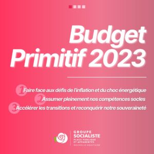 Infographie Budget Primitif 2023 1/4 : BUDGET PRIMITIF 2023 ! 1- Faire face aux défis de l'inflation et du choc énergétique 2- Assumer pleinement nos compétences socles 3- Accélérer les transitions et reconquérir notre souveraineté 