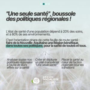 Infographie 2/2 : "Une seule santé", boussole des politiques régionales ! L'état de santé d'une population dépend à 20% des soins et à 80% de ses environnements. C'est l'orientation phare de cette feuille de route santé : faire de la Nouvelle-Aquitaine une Région bénéfique, dans toutes ses politiques, pour la santé de toutes et tous. ➡️ Analyser toutes nos politiques régionales à l'aune de leurs effets sur la santé. ➡️ Créer et déployer un plan transversal "Une seule santé". ➡️ Placer la santé au coeur de l'action régionale pour les transitions. 