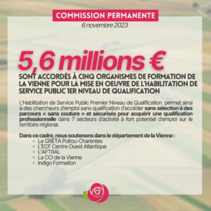 Infographie : 5,6 millions sont accordés à cinq organismes de formation de la vienne pour la mise en oeuvre de l’habilitation de service public 1er niveau de qualification. L’Habilitation de Service Public Premier Niveau de Qualification permet ainsi à des chercheurs d’emploi sans qualification d’accéder sans sélection à des parcours « sans couture » et sécurisés pour acquérir une qualification professionnelle dans 7 secteurs d’activité à fort potentiel d’emploi sur le territoire régional. Dans ce cadre, nous soutenons dans le département de la Vienne : - Le GRETA Poitou-Charentes - L’ECF Centre Ouest Atlantique - L’AFTRAL - La CCI de la Vienne - Indigo Formation 