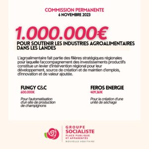 Infographie : 1.000.000€ pour soutenir les industries agroalimentaires dans les Landes. L’agroalimentaire fait partie des filières stratégiques régionales pour laquelle l’accompagnement des investissements productifs constitue un levier d’intervention régional pour leur développement, source de création et de maintien d’emplois, d’innovation et de valeur ajoutée. Exemples : - FUNGY C&C (600.00€) : Pour l’automatisation d’un site de production de champignons - FEROS Energie (409.361€) : Pour la création d'une unité de séchage. 