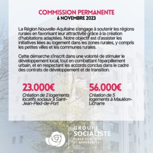 Infographie : La Région Nouvelle-Aquitaine s'engage à soutenir les régions rurales en favorisant leur attractivité grâce à la création d'habitations adaptées. Notre objectif est d'assister les initiatives liées au logement dans les zones rurales, y compris les petites villes et les communes rurales. Cette démarche s'inscrit dans une volonté de stimuler le développement local, tout en combattant l'éparpillement urbain, et en respectant les accords conclus dans le cadre des contrats de développement et de transition. 23.000€ pour la création de 2 logements locatifs sociaux à Saint-Jean-Pied-de-Port 56.000€ pour la création de 5 logements à Mauléon- Licharre