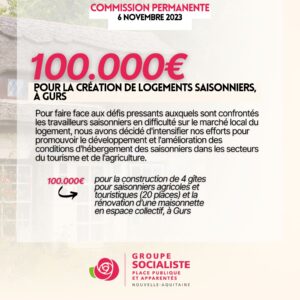 infographie : 100.000€ pour la création de logements saisonniers, à GURS. Pour faire face aux défis pressants auxquels sont confrontés les travailleurs saisonniers en difficulté sur le marché local du logement, nous avons décidé d'intensifier nos efforts pour promouvoir le développement et l'amélioration des conditions d'hébergement des saisonniers dans les secteurs du tourisme et de l'agriculture. 100.000€ pour la construction de 4 gîtes pour saisonniers agricoles et touristiques (20 places) et la rénovation d'une maisonnette en espace collectif, à Gurs. 