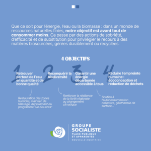 Infographie 2/2 (ambition 1) : Que ce soit pour l'énergie, l'eau ou la biomasse : dans yun monde de ressources naturelles finies, notre objectif est avant tout de consommer moins. Ça passe par des actions de sobriété, d'efficacité et de substitution pour privilégier le recours à des matières biosourcées, gérées durablement ou recyclées. 4 objectifs : 1- Retrouver partout de l'eau en quantité et de bonne qualité ➡️ restauration des zones humides, maintien de l'élevage, déploiement du programme "Re-Sources". 2- Reconquérir la biodiversité ➡️ renforcer la résilience de la foret régionale au changement climatique 3- Garantir une énergie décarbonée accessible à tous ➡️ soutien à l'autocoatommation collective, géothermie de surface... 4- Réduire l'empreinte humaine : écoconception et réduction de déchets