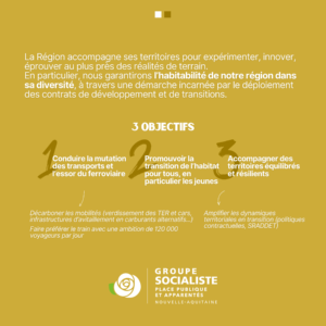 Infographie 2/2 ambition 5 : La Région accompagne ses territoires pour expérimenter, innover, éprouver au plus près des réalités de terrain. En particulier, nous garantirons l'habitabilité de notre région dans sa diversité, à travers une démarche incarnée par le déploiement des contrats de développement et de transitions. 3 objectifs : 1- Conduire la mutation des transports et l'essor du ferroviaire ➡️ Décarboner les mobilités (verdissement des TER et cars, infrastructures d'avitaillement en carburants alternatifs...) Faire préférer le train avec une ambition de 120 000 voyageurs par jour. 2- Promouvoir la transition de l'habitat pour tous, en particulier les jeunes. 3- Accompagner des territoires équilibrés et résilients ➡️Amplifier les dynamiques territoriales en transition (politiques contractuelles, SRADDET).