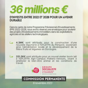 Infographie : 36 millions € d’Investis ENTRE 2022 ET 2028 pour un avenir durable ! Dans le cadre de notre Programme Prévisionnel d’Investissements (PPI) 2022-2028, nous avons réservé une enveloppe pour soutenir des projets d’investissements immobiliers dans les exploitations agricoles et les ateliers technologiques. exemples : - 4.3M€ sont attribués pour la construction d’une nouvelle légumerie à l’EPLEFPA du Périgord, soutenant ainsi l’alimentation locale et le développement de la filière fruits et légumes en Dordogne. - 331.5K€ sont attribués pour un nouvel atelier bovin lait à l’EPLEFPA Agri-Campus Poitiers-Venours, visant à améliorer le bien-être animal et les conditions de travail.