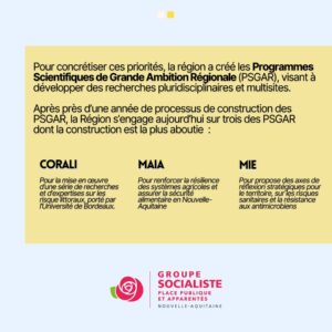 Infographie 2/2 : Pour concrétiser ces priorités, la région a créé les Programmes Scientifiques de Grande Ambition Régionale (PSGAR), visant à développer des recherches pluridisciplinaires et multisites. Après près d’une année de processus de construction des PSGAR, la Région s’engage aujourd’hui sur trois des PSGAR dont la construction est la plus aboutie : - CORALI : Pour la mise en œuvre d’une série de recherches et d’expertises sur les risque littoraux, porté par l’Université de Bordeaux. - MAIA : Pour renforcer la résilience des systèmes agricoles et assurer la sécurité alimentaire en Nouvelle-Aquitaine - MIE : Pour propose des axes de réflexion stratégiques pour le territoire, sur les risques sanitaires et la résistance aux antimicrobiens