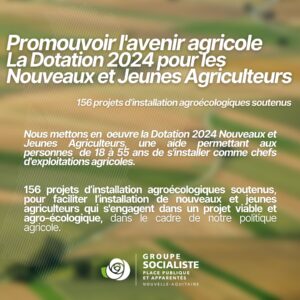 infographie Dotation 2024 jeunes et nouveaux Agricultures 1/1 : "Promouvoir l'avenir agricole : La Dotation 2024 pour les Nouveaux et Jeunes Agriculteurs" "156 projets d’installation agroécologiques soutenus" "Nous mettons en oeuvre la Dotation 2024 Nouveaux et Jeunes Agriculteurs, une aide permettant aux personnes de 18 à 55 ans de s'installer comme chefs d'exploitations agricoles. 156 projets d’installation agroécologiques soutenus, pour faciliter l’installation de nouveaux et jeunes agriculteurs qui s'engagent dans un projet viable et agro-écologique, dans le cadre de notre politique agricole."