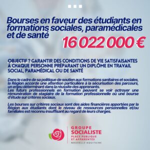 Infographie "Bourses formations sociales, paramédicales et de santé" 1/1 : "Bourses en faveur des étudiants en formations sociales, paramédicales et de santé : 16 022 000 €" "Objectif ? Garantir des conditions de vie satisfaisantes à chaque personne préparant un diplôme en travail social, paramédical ou de santé" "Dans le cadre de sa politique de soutien aux formations sanitaires et sociales, la Région accorde une attention particulière à la sécurisation des parcours, un enjeu déterminant dans la réussite des apprenants. Les futurs professionnels en formation peuvent se voir octroyer une rémunération de stagiaire de la formation professionnelle où une bourse d’étude sur critères sociaux. Les bourses sur critères sociaux sont des aides financières apportées par la Région aux étudiants dont le niveau de ressources personnelles et/ou familiales est reconnu insuffisant au regard de leurs charges."