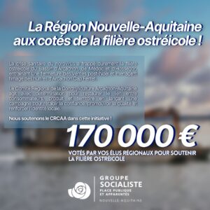 Infographie "La Région Nouvelle-Aquitaine aux cotés de la filière ostréicole !" 1/1 : "La Région Nouvelle-Aquitaine aux cotés de la filière ostréicole ! " "La crise sanitaire du norovirus a frappé durement la filière ostréicole du Bassin d'Arcachon, de Médoc et d'Hossegor, entraînant une fermeture des ventes post-Noël et menaçant l'image des huîtres d'Arcachon Cap Ferret. Le Comité Régional de la Conchyliculture Arcachon-Aquitaine agit avec détermination pour restaurer le lien entre consommateurs, produit et territoire en lançant une campagne pour rétablir la confiance, promouvoir la qualité et renforcer l'identité locale. Nous soutenons le CRCAA dans cette initiative !" "170 000 € votés par vols élus en Commission Permanente". 