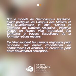 Infographie 2/2 : Sur le modèle de l'Aérocampus Aquitaine ayant préfiguré les Campus des Métiers et des Qualifications, le label TTNA, initiative unique en France, vise l'attractivité des territoires à travers l'excellence de la formation et des métiers. Ce label soutient les campus régionaux pour répondre aux enjeux d'orientation, de compétences et d'emploi, en créant un pont entre éducation et entreprise. 