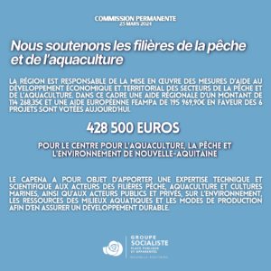 Infographie : Nous soutenons les filières de la pêche et de l'aquaculture ! LA RÉGION EST RESPONSABLE DE LA MISE EN ŒUVRE DES MESURES D'AIDE AU DÉVELOPPEMENT ÉCONOMIQUE ET TERRITORIAL DES SECTEURS DE LA PÊCHE ET DE L'AQUACULTURE. DANS CE CADRE UNE AIDE RÉGIONALE D'UN MONTANT DE 114 268.35€ ET UNE AIDE EUROPÉENNE FEAMPA DE 195 969 90€ EN FAVEUR DES 6 PROJETS VOTEES AUJOURD'HUI. 428 500 EUROS POUR LE CENTRE POUR L'AQUACULTURE. LA PÊCHE ET L'ENVIRONNEMENT DE NOUVELLE-AQUITAINE. LE CAPENA A POUR OBJET D'APPORTER UNE EXPERTISE TECHNIQUE ET SCIENTIFIQUE AUX ACTEURS DES FILIÈRES PÊCHE AQUACULTURE ET CULTURES MARINES. AINSI QU'AUX ACTEURS PUBLICS ET PRIVES. SUR L'ENVIRONNEMENT LES RESSOURCES DES MILIEUX AQUATIQUES ET LES MODES DE PRODUCTION AFIN D'EN ASSURER UN DEVELOPPEMENT DURABLE.