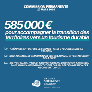 Infographie : 585000€ pour accompagner la transition des territoires vers un tourisme durable. - AMÉNAGEMENT DE PLUS DE 6O KM DE PISTES CYCLABLES SUR L'ILE D'OLERON - RENATURATION DE LA PROMENADE SUD DE LACANAU ET RESTAURATION DE LA DUNE - SOUTIEN AU GIP LITTORAL AQUITAIN POUR POURSUIVRE SES ACTIONS EN FAVEUR D'UN AMÉNAGEMENT CÔTIER DURABLE ET DE LA GESTION DES RISQUES LITTORAUX