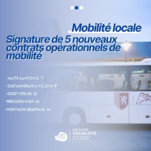 Infographie 1/2 : Mobilité locale : signature de 5 nouveaux contrats opérationnels de mobilité. - Haut Saintonge (17) - Châtaigneraie limousine (87) - Ouest-Creuse (23) - Périgord Noir (24) - Montagne Béarnaise (64)