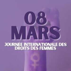 Infographie 1/2 : Point levé et serré, avec symbole du féminin sur le bas, sur fond violet avec le texte suivant : "08 Mars, Journée internationale des droits des femmes".