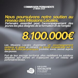 infographie : Nous poursuivons notre soutien au réseau des Missions Locales. Partenaire essentiel pour l'accompagnement des jeunes les plus éloignés de la formation et de l'emploi. 8.100.000€ votés en commission permanente ! Les Missions Locales dispensent un accompagnement renforcé et global et mènent un travail considérable sur la levée des freins périphériques (mobilité, santé, social) auprès des jeunes. Fort de leur ancrage territorial, elles mobilisent les solutions adaptées aux jeunes en s'appuyant sur un réseau de partenaires locaux.