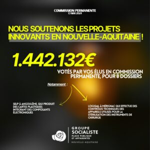 infographie : Nous soutenons les projets innovants en Nouvelle-Aquitaine ! 1.442.132€ votés par vos élus en commission permanente pour 8 dossiers. par exemple : SELP À ANGOULÊME QUI PRODUIT DES CARTES PLASTIQUES INTÉGRANT DES COMPOSANTS ELECTRONIQUES OU ENCORE LOGIQAL À MÉRIGNAC QUI EFFECTUE DES CONTRÔLES TECHNIQUES DES APPAREILS UTILISÉS POUR LA STÉRILISATION DES INSTRUMENTS DE CHIRURGIE