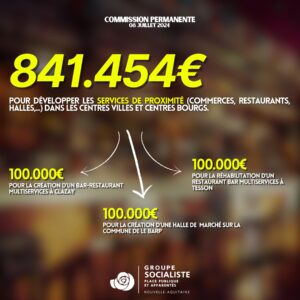 Infographie : 841.454€ POUR DÉVELOPPER LES SERVICES DE PROXIMITÉ (COMMERCES, RESTAURANTS, HALLES...) DANS LES CENTRES VILLES ET CENTRES BOURGS ! 

Par exemple : 
- 100.000€ pour LA CRÉATION D'UN BAR-RESTAURANT
MULTISERVICES À CLAZAY

- 100.000€ pour LA RÉHABILITATION D'UN
RESTAURANT BAR MULTISERVICES À TESSON

- 100.000€ pour LA CRÉATION D'UNE HALLE DE MARCHÉ SUR LA
COMMUNE DE LE BARP