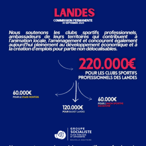 Infographie : Nous soutenons les ambassadeurs clubs sportifs de leurs territoires qui contribuent professionnels, l'animation locale, l'aménagement et concourent également aujourd'hui pleinément au développement économique et à la création d'emplois pour partie non délocalisables. 220.000€ POUR LES CLUBS SPORTIFS PROFESSIONNELS DES LANDES !! - 60.000€ : POUR LE STADE MONTOIS - 120.000€ : POUR BASKET LANDES - 60.000€ : POUR L'UNION SPORTIVE DACQUOISE