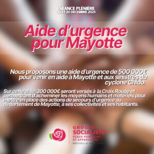 Infographie Aide d'urgence pour Mayotte : "Nous proposons une aide d'urgence de 500 000€ pour venir en aide à Mayotte et aux sinistrés du cyclone Chiclo. Sur cette aide, 300 000€ seront versés à la Croix Rouge et permettront d'acheminer les moyens humains et matériels pour mettre en place des actions de sécours d'urgence au clépartement de Mayotte, à ses collectivités et ses habitants."