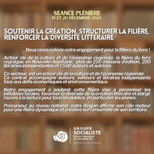 Infographie : SOUTENIR LA CRÉATION. STRUCTURER LA FILIÈRE, RENFORCER LA DIVERSITE LITTERAIRE! Nous renouvelons notre engagement pour la fillière du livre! Acteur clé de la culture et de l'économie régionale, la filière du livre regroupe, en Nouvelle-Aquitaine, plus de 250 maisons d'édition, 200 librairies indépendantes et 1 500 auteurs et autrices. Ce secteur est un acteur clé de la Culture et de l'économie régionale. Ce contrat accompagne auteurs, éditeurs et librairies indépendantes éditeurs et libraires independants face aux défis économiques et environnementaux. Notre engagement à soutenir cette filière vise à pérenniser les initiatives locales, favoriser la diversité de la création littéraire et élargir l'accès à la lecture pour tous les publics, en particulier les jeunes. Précurseur au niveau national, notre Région affirme son rôle moteur pour une filière dynamique et créative sur l'ensemble de son territoire.